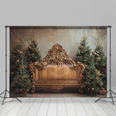 Aperturee - Aperturee Ornate Gold Baroque Bench Photography Backdrop Elegant Christmas Trees Royal Holiday Mini Session Background
